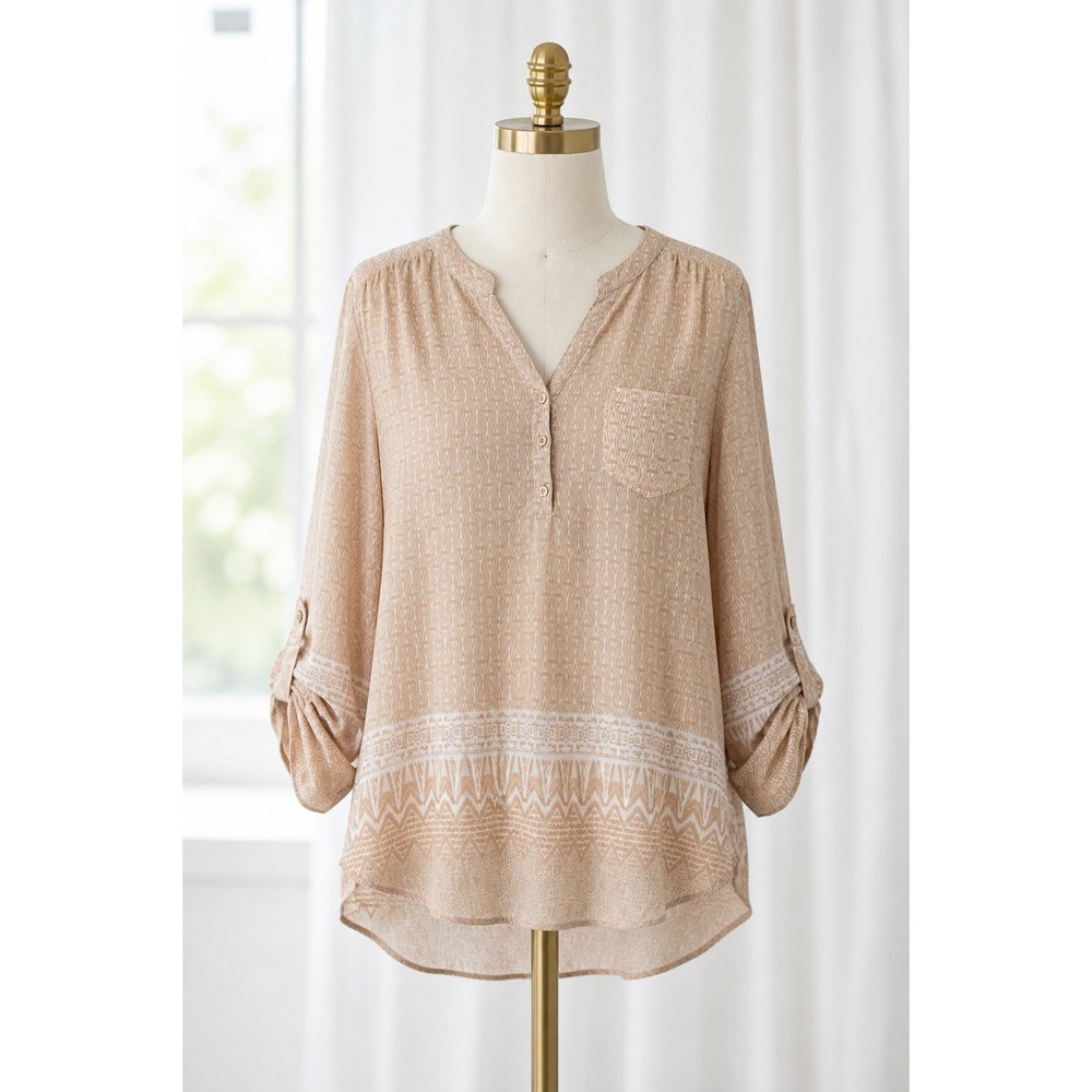 Skies are Blue Popover Top Size XL Semi Sheer Roll Tab Sleeve Peach White Flowy